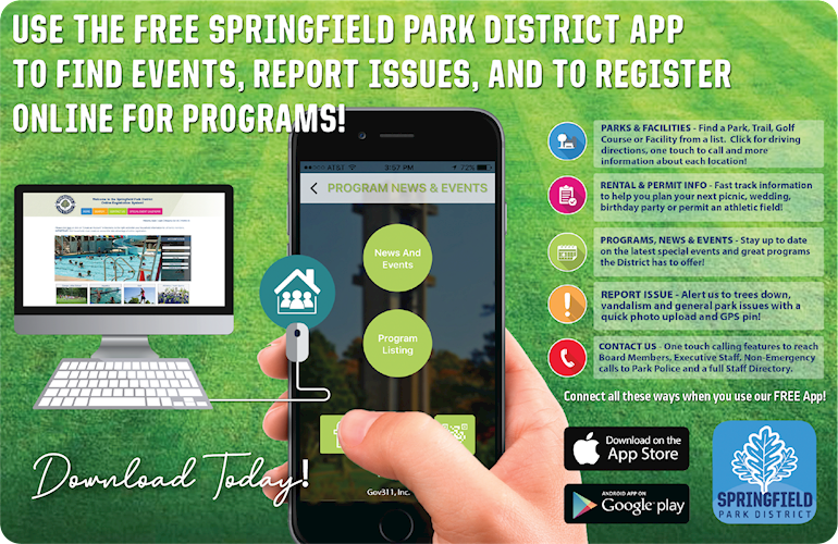 Hand holding phone showing the Springfield Park District App.