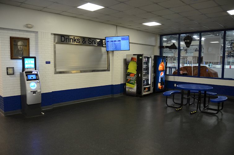 nelson center lobby seating, vending, concession window and restrooms