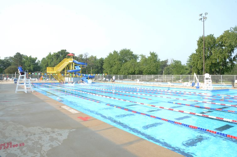 Nelson Center Outdoor Pool main pool with lap lanes, multiple guard stations.