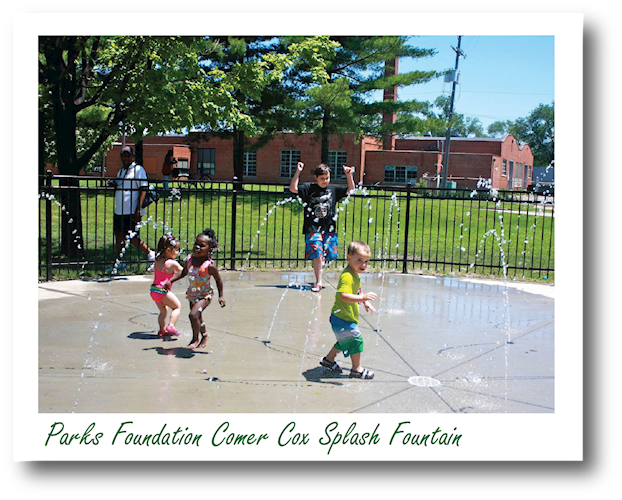 Small Children playing at Parks Foundation Comer Cox Park Splash Fountain.